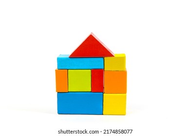 Toys Blocks, Multicolor Wooden Bricks, Children Colorful Building Game Pieces Of Kids Organize Toy. Flat Lay And Isolated White Background