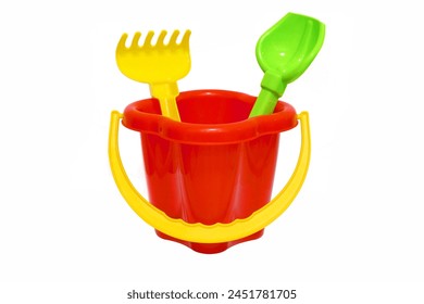 Toys. children's sandbox toys on a white background. Bucket, shovel, rake - Powered by Shutterstock