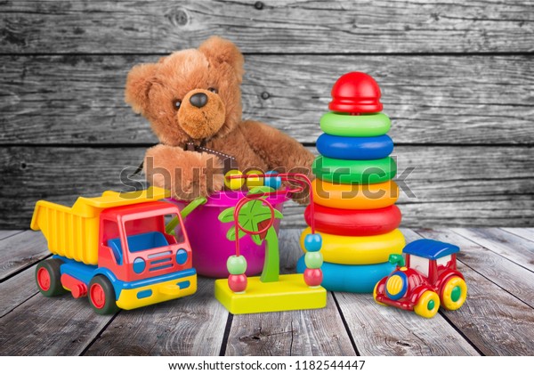 Toys collection\
isolated on light\
background
