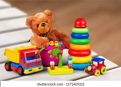 Colorful Toys Collection On Desk Stock Photo (Edit Now) 1152877013