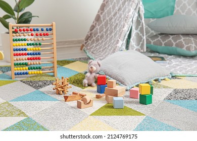 Toys On Soft Carpet In Children's Room, Closeup