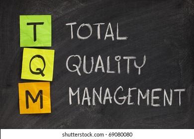 TQM acronym (total quality management) - white chalk handwriting and sticky notes on blackboard - Shutterstock ID 69080080