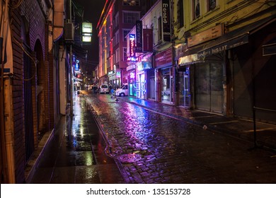 TRABZON, TURKEY - FEBRUARY 18: Night view of a narrow street in Trabzon, Turkey on February 18, 2013. Trabzon is a city in north-eastern Turkey with population 230,000.