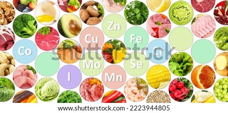 Trace Elements in Food like Fruits, Vegetables, Meat, Fish and others isolated on white background - Panorama