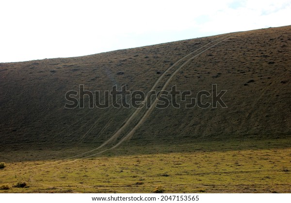 Traces from cars that climbed the mountain.\
Khizi region.\
Azerbaijan.
