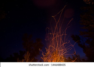 Traces Of Flying Campfire Sparks In Night Forest