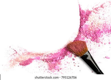 Traces of vibrant pink powder and blush forming a frame, with a makeup brush. A square template for a makeup artist's business card or flyer design, with copy space