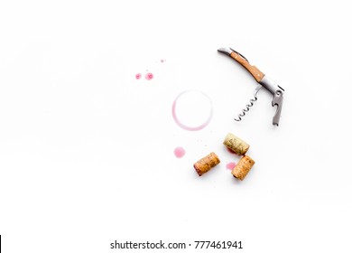 Traces Of Wine Near Corkscrew On White Background Top View Copyspace