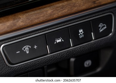 Track Assistant In A Modern Car. LDWS Switch Button. Lane Departure Warning System Of A Modern Car.