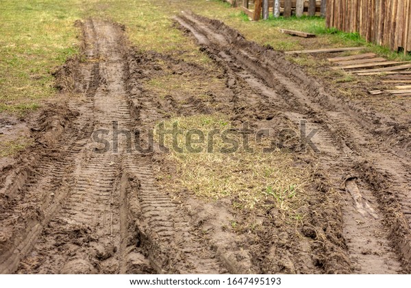 Track of cars with mud and grass. Wet\
track after the rain. Rural or isolated\
area.