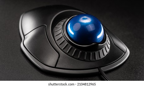 Trackball Computer Mouse on a blue background. Control Device with Scroll Wheel