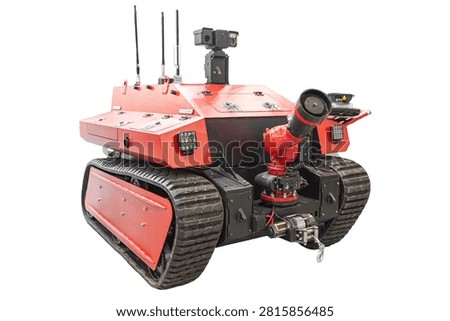 Tracked firefighting robot and unmanned ground vehicle designed for hazardous environments. Features a red armored chassis, front water cannon monitor, recovery winch, communication antennas, and an optical mast.