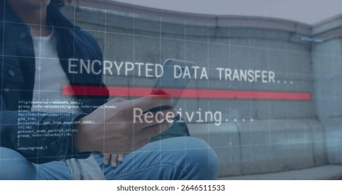 Tracking encrypted data transfer on smartphone by man sitting on ledge in plaza, copy space. Futuristic, technology, urban, digital, innovative, minimalistic, connectivity - Powered by Shutterstock - Get 15% off with code: PIKWIZARD15