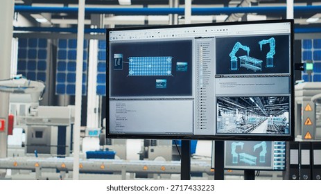 Tracking program on screen in photovoltaics factory used for designing production lines for solar panel assembly facility. Simulation software on monitor in empty solar panels plant