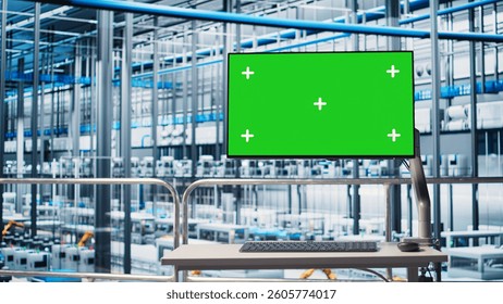 Tracking software displayed on green screen mockup monitor in industrial plant equipped with advanced sensors. Program on chroma key display in smart factory collecting and analyzing data