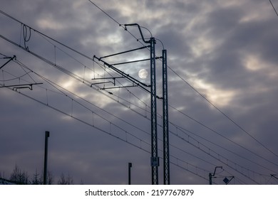 Traction poles next to railroad tracks in Lodz Province of Poland