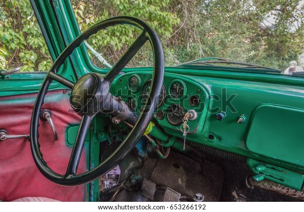 \
Tractor cabin inside.\
Background blur