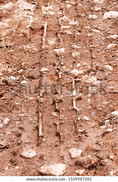 Tractor, excavator, car, automotive tire\
tracks on muddy trail. Mud and wheel trace on road after rain. Mud\
with truck wheel track in rainy day. Background, texture, pattern,\
material, wallpaper.