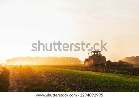 a tractor in a field plows the ground at dawn, sowing grain. High quality photo