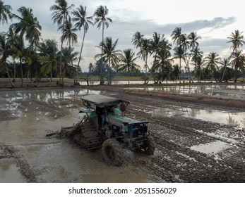 The Tractor Plowing The Paddy Field  Malaysia 