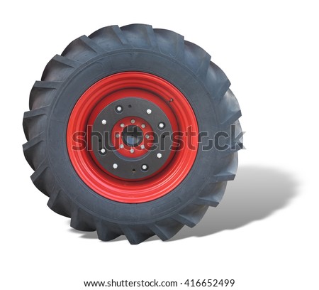 Tractor red tire wheel isolated over white background