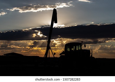 Tractor And Silage Shoot Silhouette On A Morning Sunrise Just Before Harvest