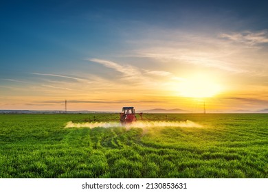 Tractor spray fertilizer spraying pesticides on green field, agriculture background concept.