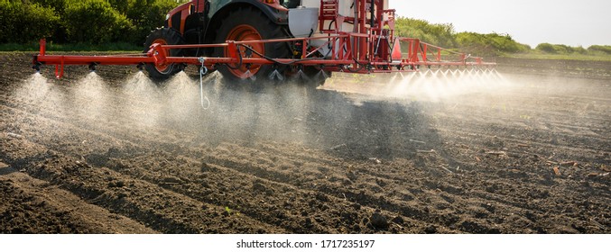 Tractor Spraying Pesticides On Field  With Sprayer 