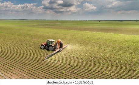 Tractor Spraying Pesticides On Soybean Field  With Sprayer At Spring