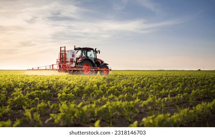 Plaguicidas para pulverización de tractores en campos de soja con pulverizador en primavera