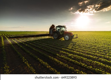 Tractor spraying pesticides on soybean field  with sprayer at spring - Shutterstock ID 649223893