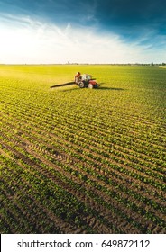 Tractor Spraying Pesticides On Soybean Field  With Sprayer At Spring