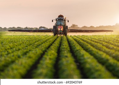 Tractor spraying pesticides on soybean field  with sprayer at spring - Shutterstock ID 692043769