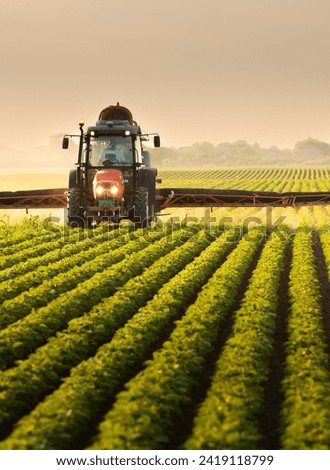 Tractor spraying pesticides on soybean field  with sprayer at spring