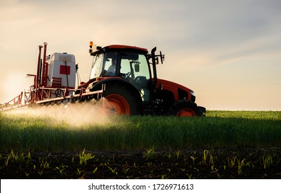 Tractor Spraying Pesticides Over A Green Field