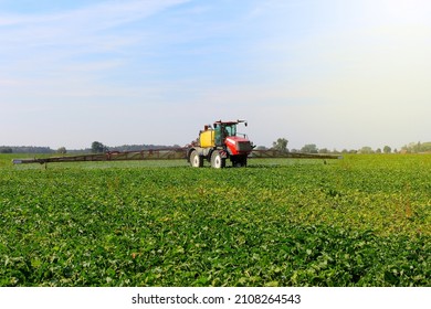 Tractor Spraying Plant Protection Products On A Green Sugar Beet Field.