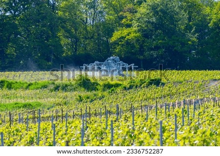 Tractor sprinkles young shoots of grapes on green premier cru champagne vineyards in village Hautvillers near Epernay, Champange, France