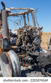 Tractor With Trailer On Field Burned Down By Heat Build-up