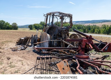 Tractor With Trailer On Field Burned Down By Heat Build-up