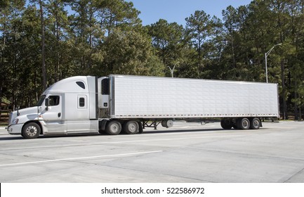 Tractor And Trailer Parked On A Highway Rest Stop Area - October 2016 - Interstate 10 At Tallahassee Florida USA