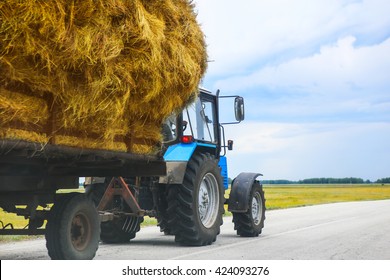 tractor transports haystack on the trailer on the road
