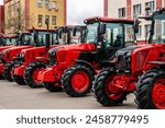 Tractors on farm production. New agricultural tractors are sold for work in the field