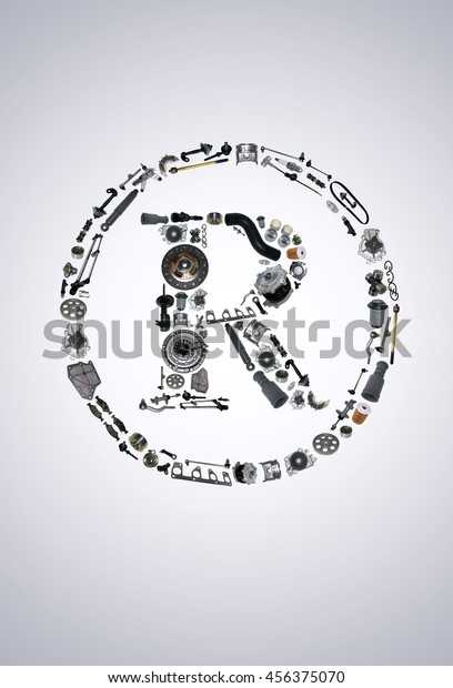 Trade Mark icone with auto parts for car. Spare\
parts for car for shop, aftermarket OEM. Many auto parts isolated\
in Trade Mark icone. Car\
parts