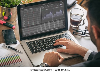 Trade platform, forex trading. Stock exchange market analysis, Man working with a laptop, monitoring app on screen, office desk background. Binary option, candlestick chart.