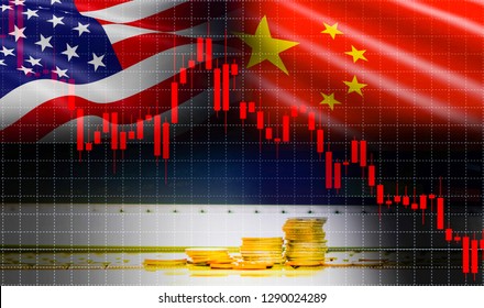 Trade war economy USA America and China flag candlestick graph Stock market exchange analysis / indicator Trading chart business finance money investment with gold coin