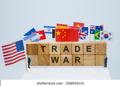 Trade War Wording With USA China And Multi Countries Flags. It Is Symbol Of Tariff Trade War Crisis Or Unfair Business .-Image.