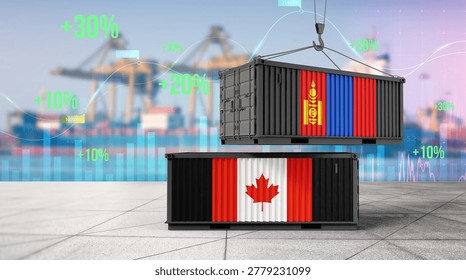 Trade Winds: A dynamic visual representation of international trade, showcasing shipping containers emblazoned with the flags of Canada and Mongolia.