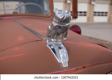 Trademark Chrome Bulldog Hood Ornament On Red Mack Fire Truck In Page, Arizona, USA On January 28, 2019