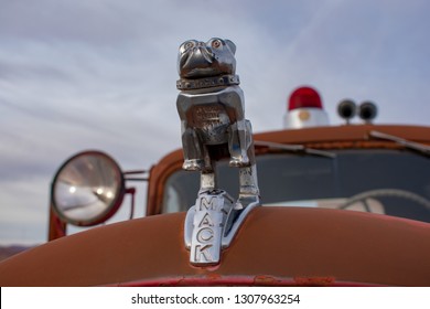 Trademark Chrome Bulldog Hood Ornament On Red Mack Fire Truck In Page, Arizona, USA On January 28, 2019