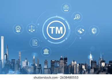 Trademark icon and legal symbols over New York City skyline, digital style on blue gradient background. Concept of brand protection and law